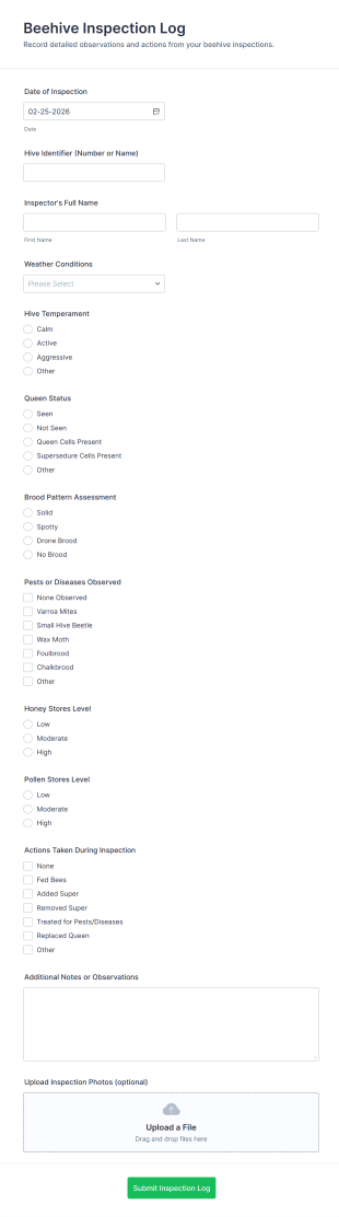 Beehive Inspection Log Form Template