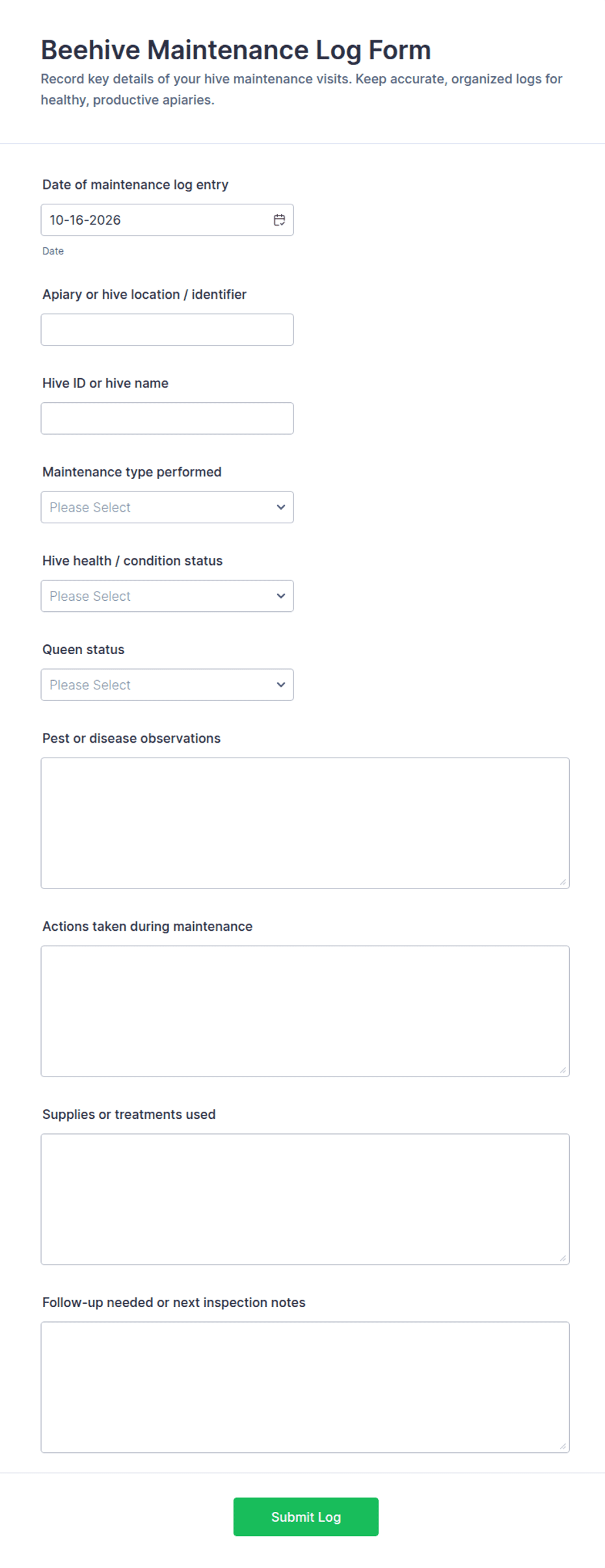 Beehive Maintenance Log Form Template | Jotform