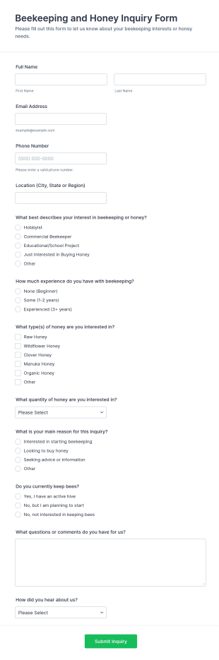 Beekeeping And Honey Inquiry Form Template
