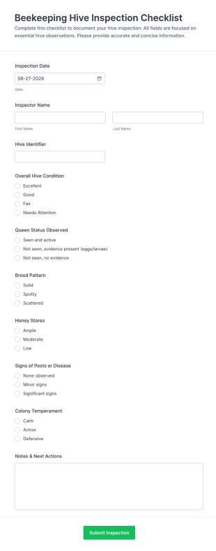 Beekeeping Hive Inspection Checklist Form Template