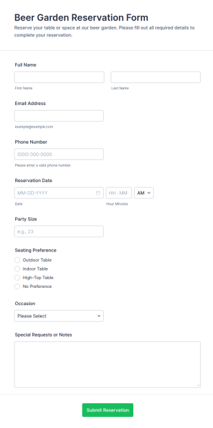 Beer Garden Reservation Form Template