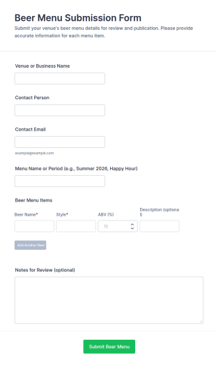 Beer Menu Submission Form Template