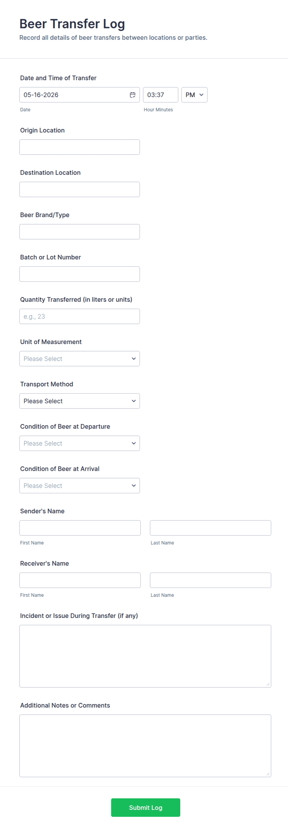 Printable Transfer Log Beer Transfer Log Form Template | Jotform