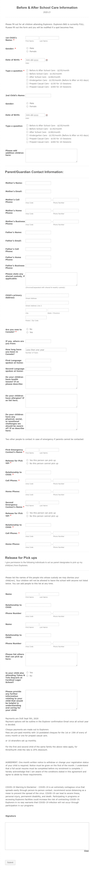 Before And After School Care Information Form Template