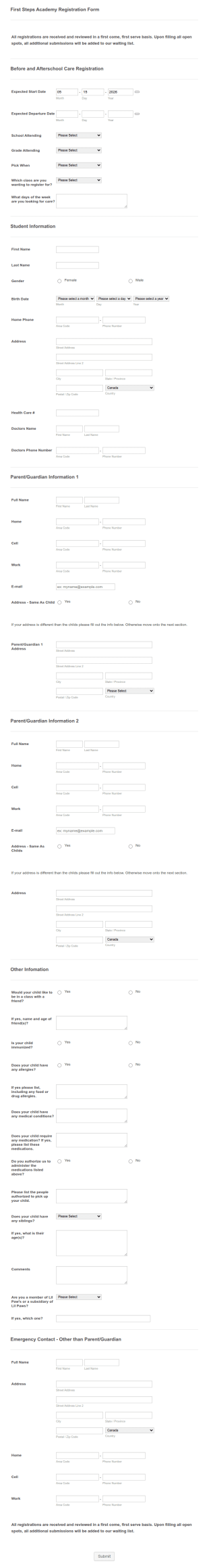 Before And Afterschool Care Registration Form Template