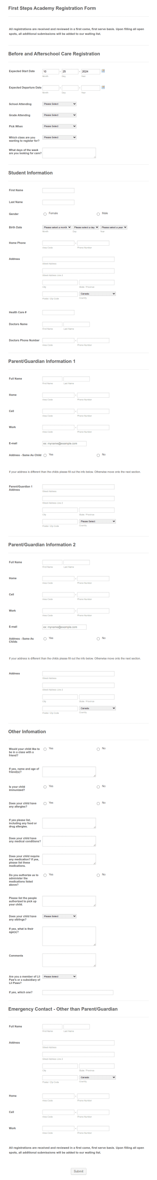 Before And Afterschool Care Registration Form Template