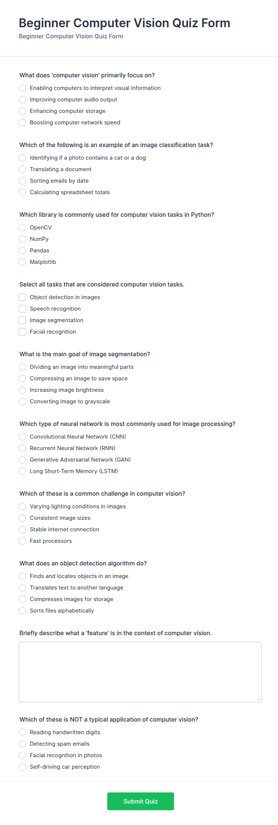 Beginner Computer Vision Quiz Form Template | Jotform