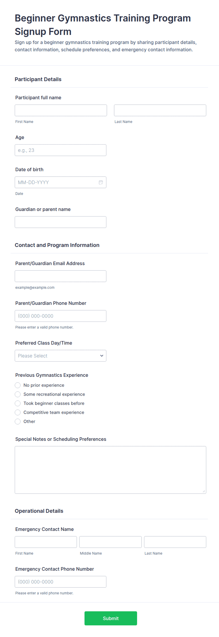 Beginner Gymnastics Training Program Signup Form Template | Jotform