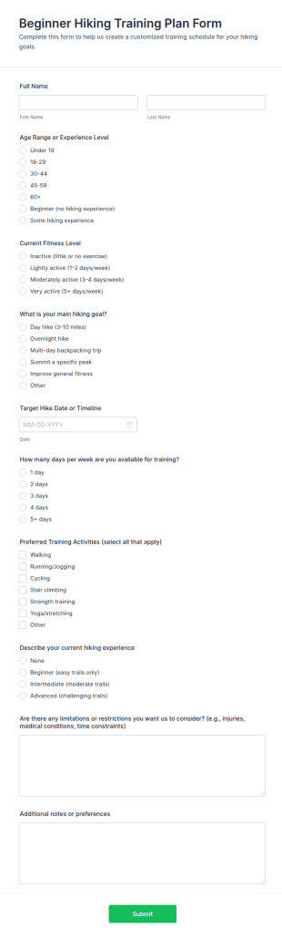Beginner Hiking Training Plan Form Template