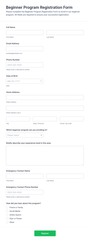 Beginner Program Registration Form Template