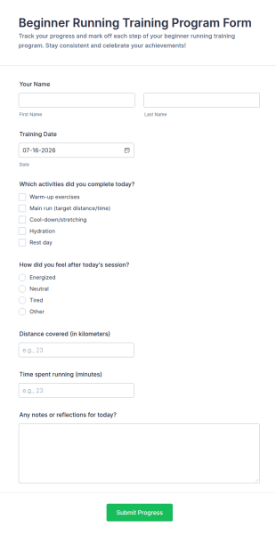 Beginner Running Training Program Checklist Form Template