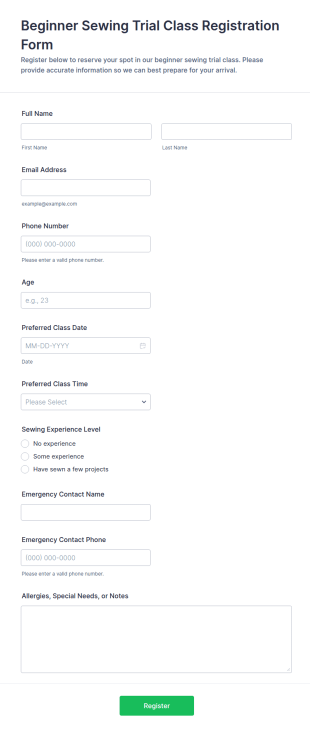 Beginner Sewing Trial Class Registration Form Template