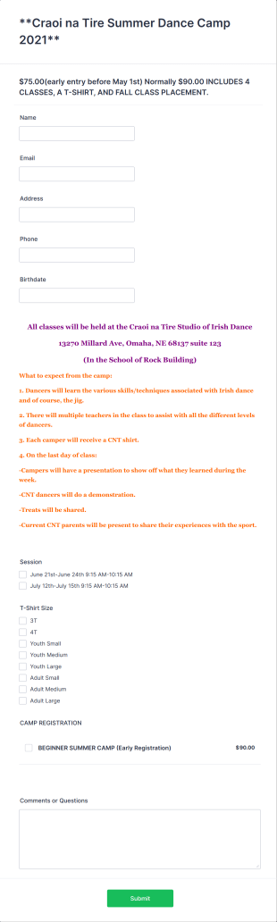 Irish Dance Camp Registration Form Template