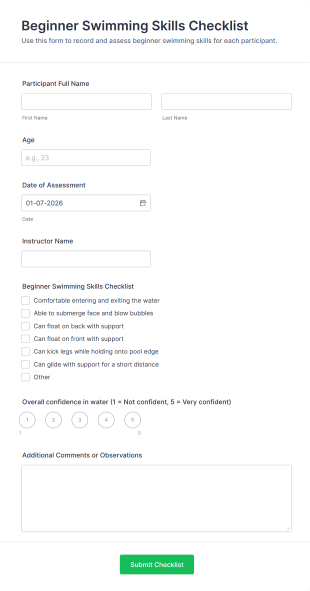Beginner Swimming Skills Checklist Form Template