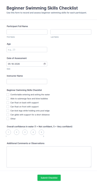 Beginner Swimming Skills Checklist Form Template