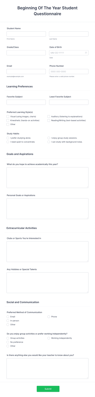 Beginning Of The Year Student Questionnaire Form Template