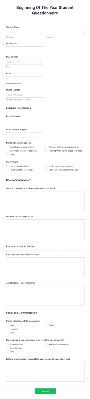 Beginning Of The Year Student Questionnaire Form Template