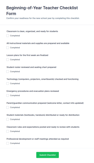 Beginning Of Year Teacher Checklist Form Template