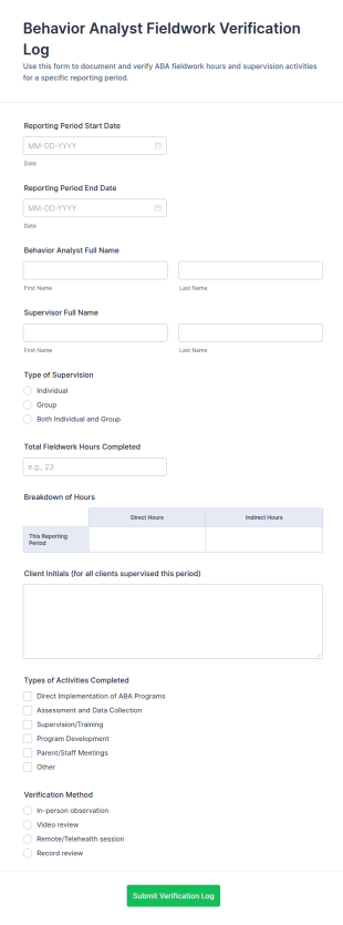 Behavior Analyst Fieldwork Verification Log Form Template