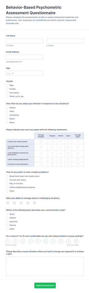 Behavior Based Psychometric Assessment Questionnaire Form Template