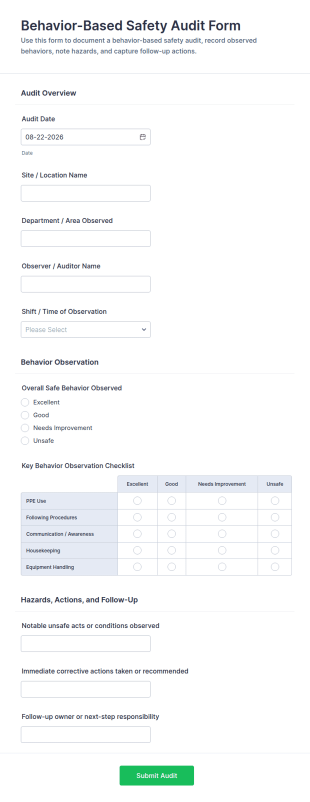 Behavior Based Safety Audit Form Template