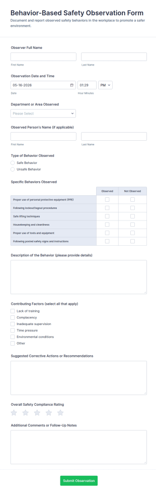 Behavior Based Safety Observation Form Template