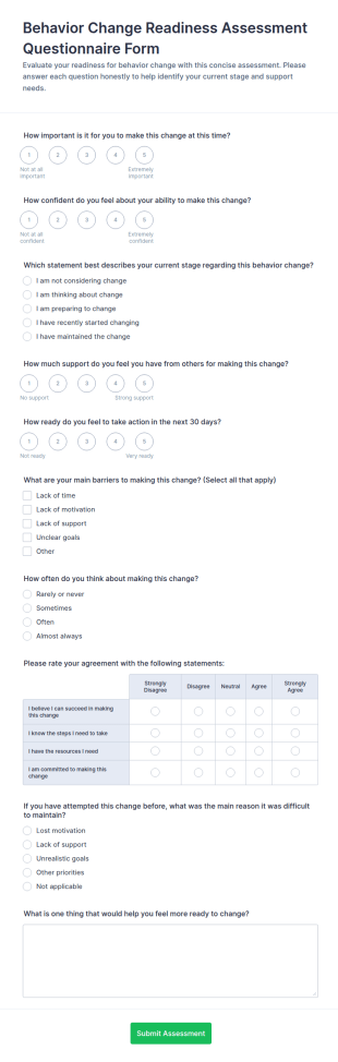 Behavior Change Readiness Assessment Form Template
