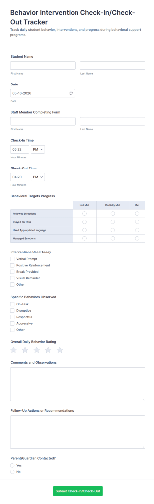 Behavior Intervention Check In/Check Out Tracker Form Template