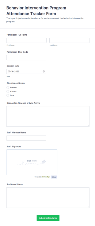 Behavior Intervention Program Attendance Tracker Form Template