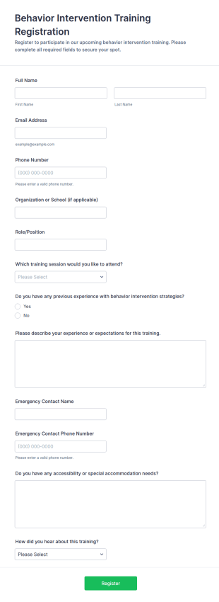 Behavior Intervention Training Registration Form Template