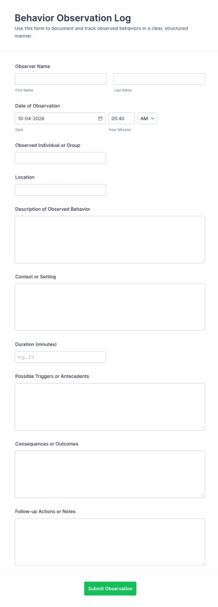 Behavior Observation Log Form Template