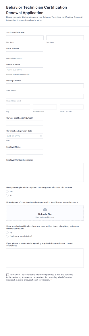 Behavior Technician Certification Renewal Application Form Template