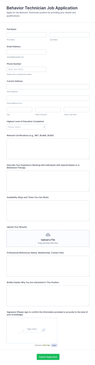 Behavior Technician Job Application Form Template