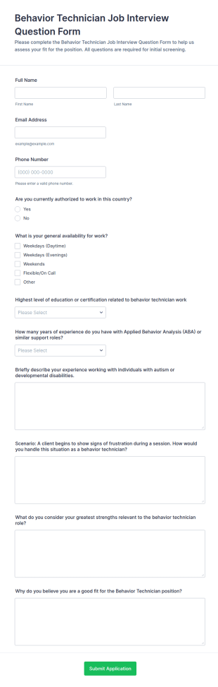 Behavior Technician Job Interview Question Form Template