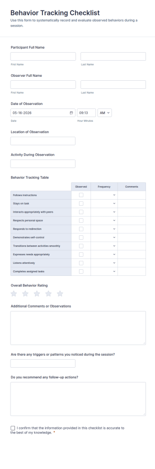 Behavior Tracking Checklist Form Template