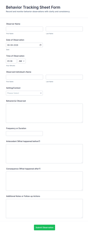 Behavior Tracking Sheet Form Template