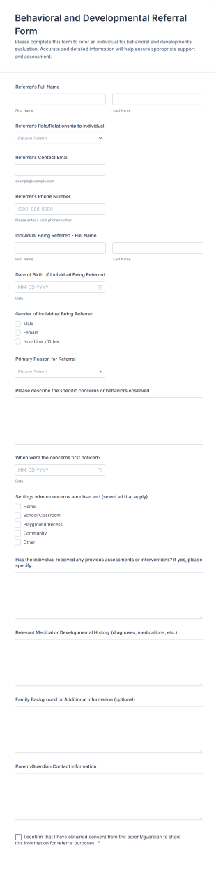 Behavioral And Developmental Referral Form Template
