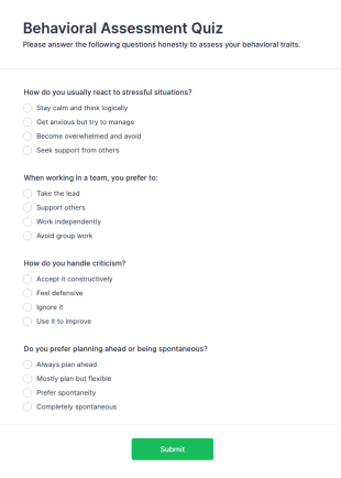 Behavioral Assessment Quiz Form Template