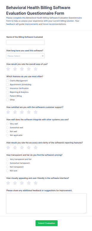 Behavioral Health Billing Software Evaluation Questionnaire Form Template