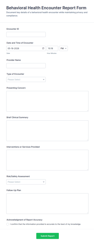 Behavioral Health Encounter Report Form Template