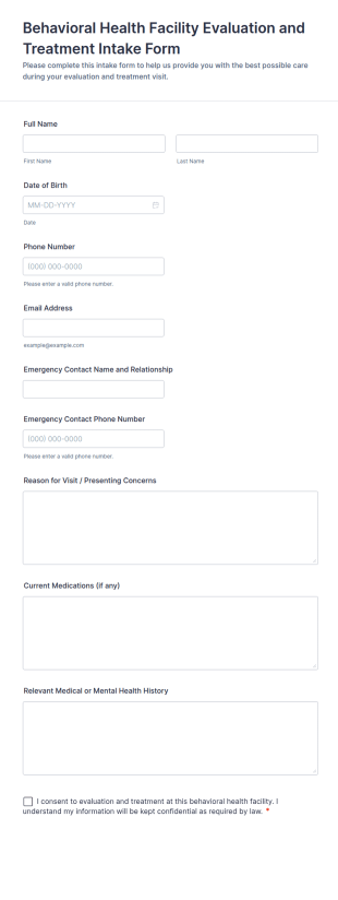 Behavioral Health Facility Evaluation And Treatment Intake Form Template