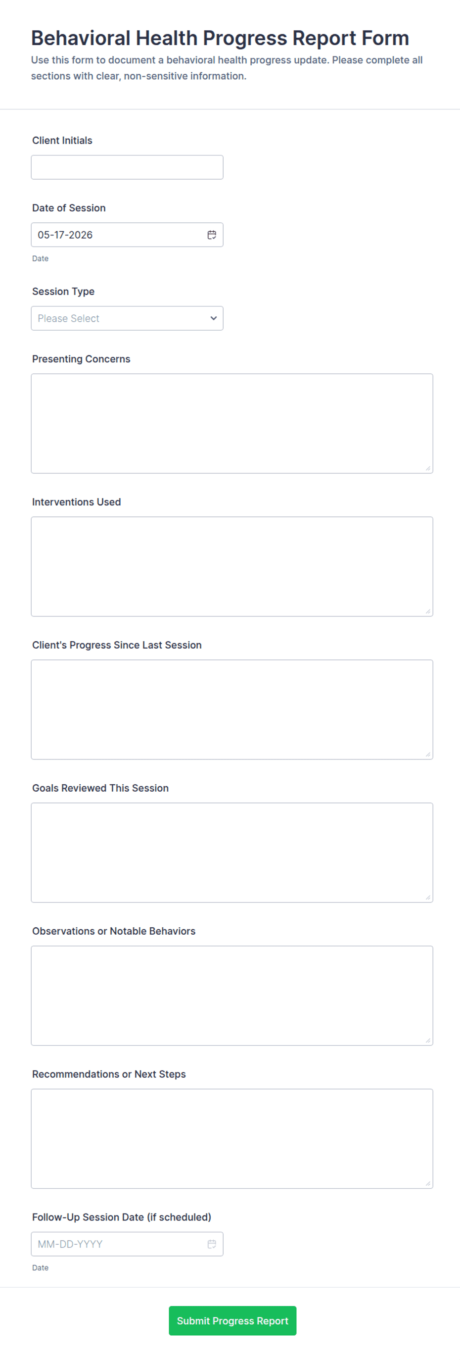 Behavioral Health Progress Report Form Template | Jotform