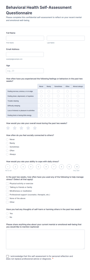 Behavioral Health Self Assessment Questionnaire Form Template