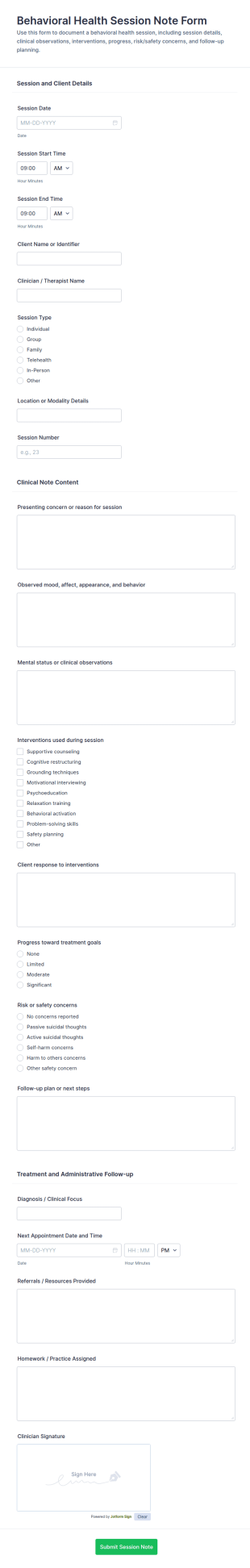 Behavioral Health Session Note Form Template