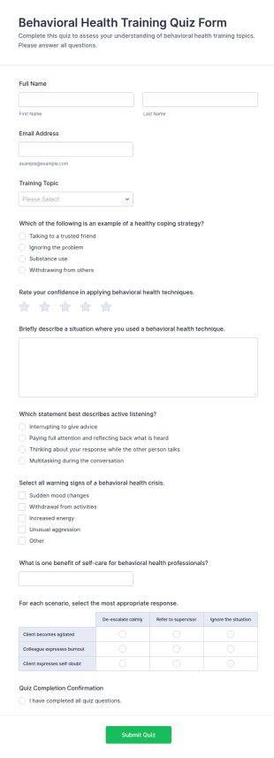 Behavioral Health Training Quiz Form Template