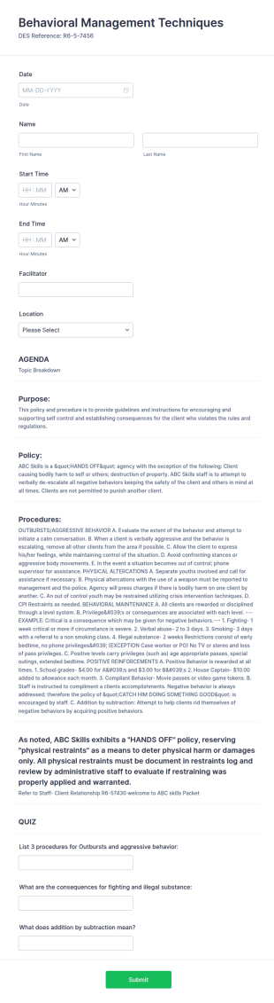 Behavioral Management Techniques Form Template