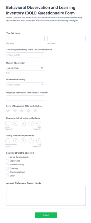 Behavioral Observation And Learning Inventory (BOLI) Questionnaire Form Template