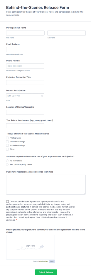 Behind The Scenes Release Form Template