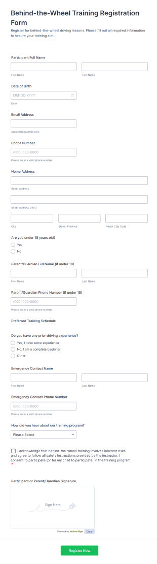 Behind The Wheel Training Registration Form Template