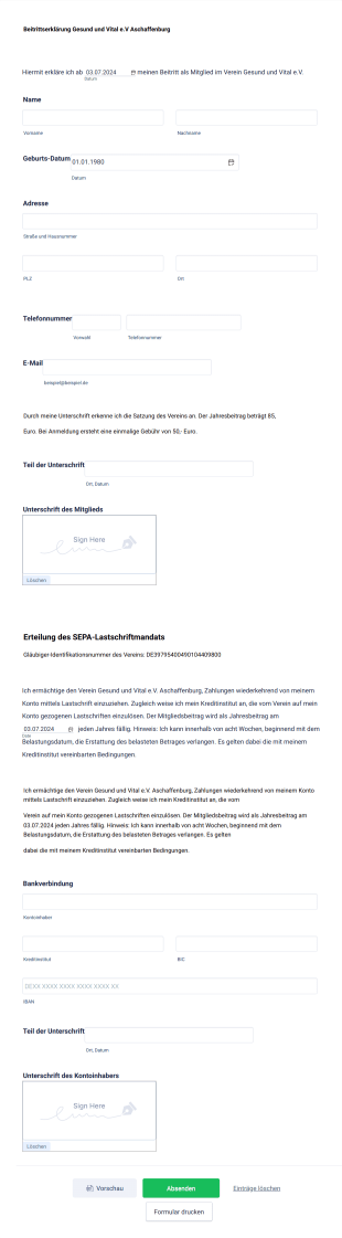 Beitrittserklärung Form Template
